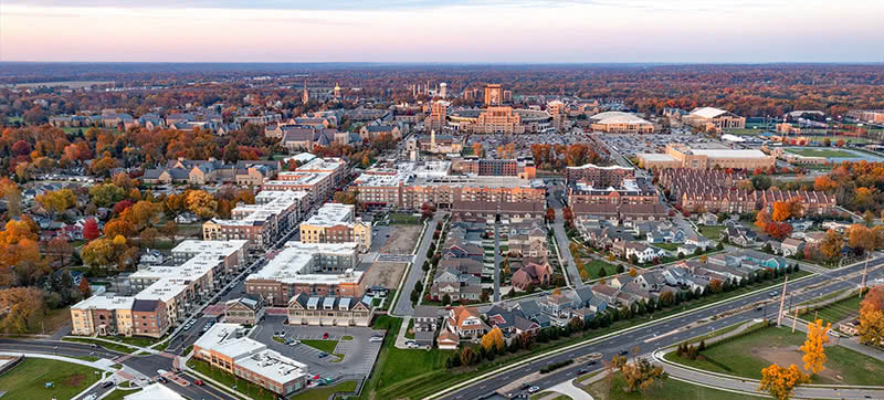 Aerial view of where Eddy Street Commons is today.