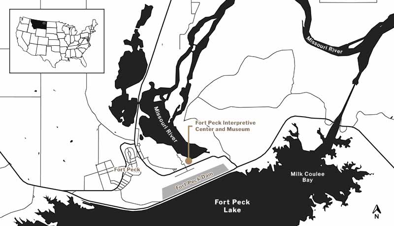 A black and white map of Fort Peck, Montana showing the city of Fort Peck, Fort Peck Interpretive Center and Museum and Fort Peck Dam near the Missouri River and Fort Peck Lake.