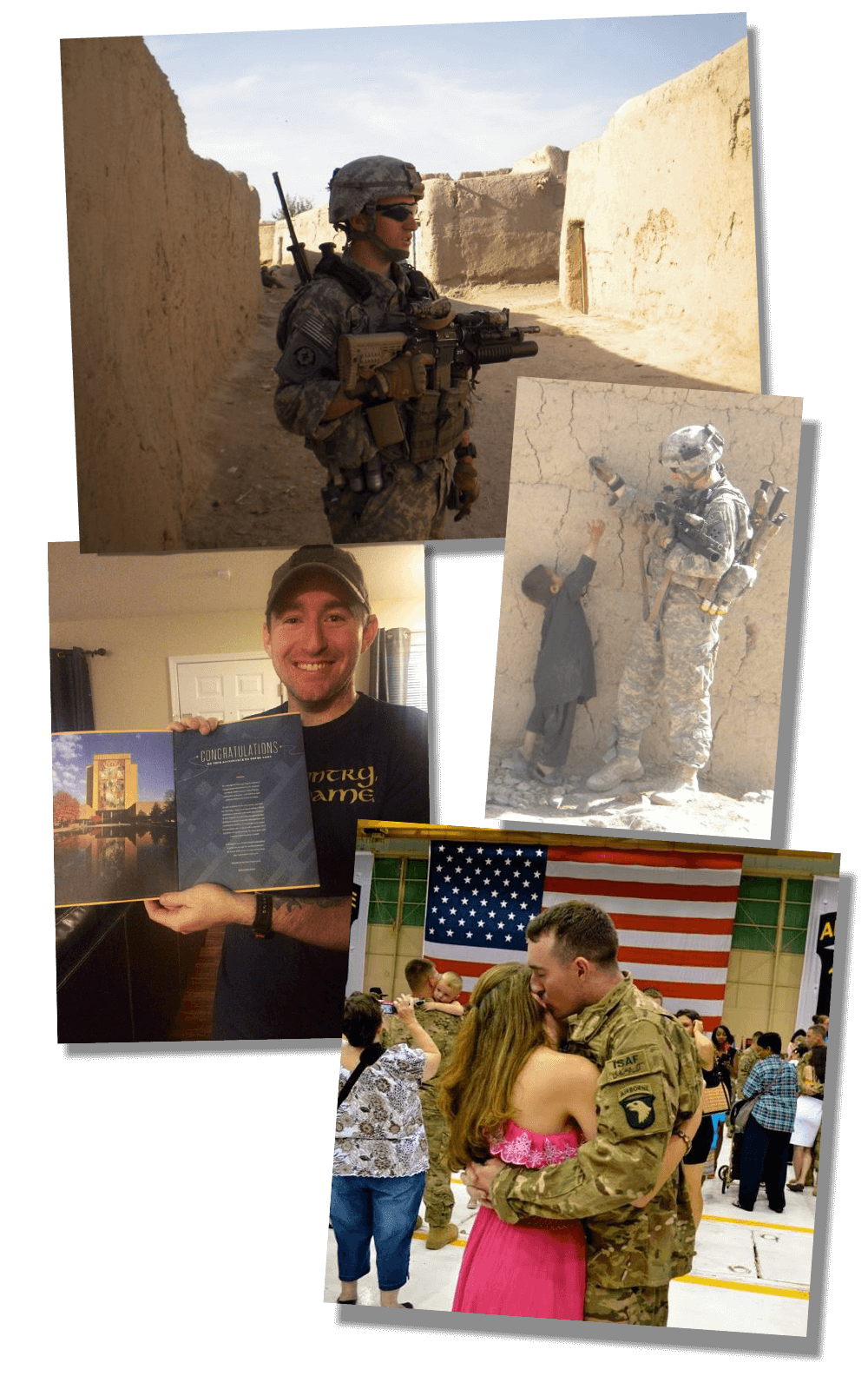From top to bottom: Kevin Burke on foot patrol in Afghanistan. Burke giving an Afghan child a pen on a patrol. Burke receiving his acceptance letter to Notre Dame. Burke greeting his wife after returning from Afghanistan in 2013.