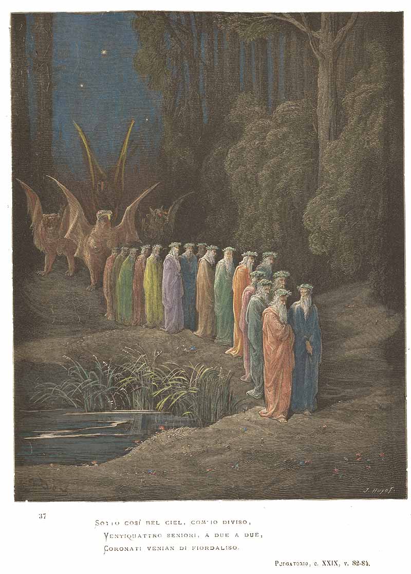 A color illustration of elders, two by two, walking past a pond with lilies; large, pale creatures with bat-like wings follow closly behind.