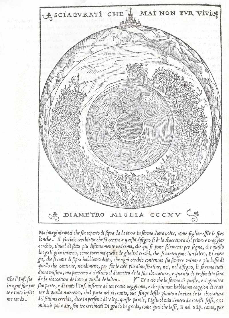 A circular illustration of a boat and crashing waves on top and below are hundreds of people gathered together.