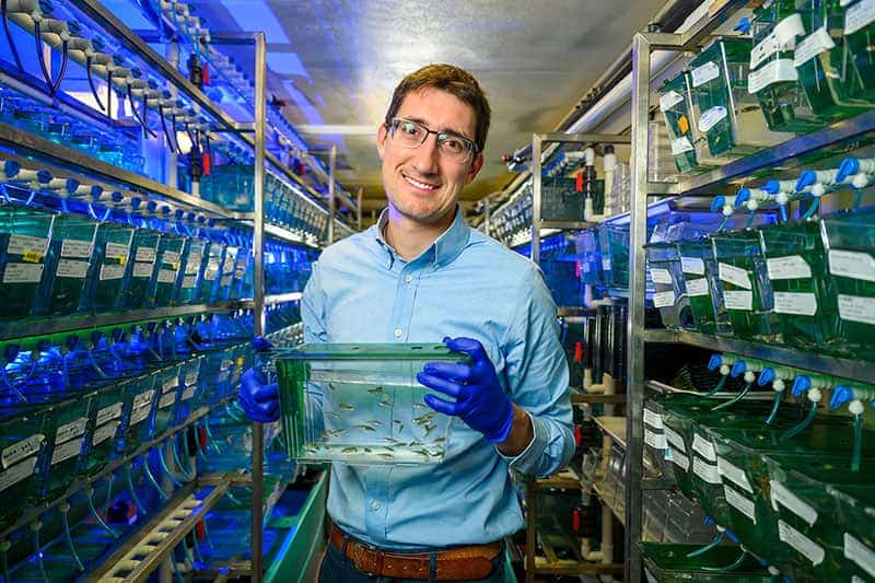 A man poses for a photo in a lab holding a small zebrafish tank.