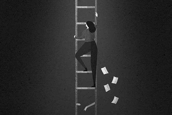 Illustration of a woman climbing a broken ladder, papers falling behind her.