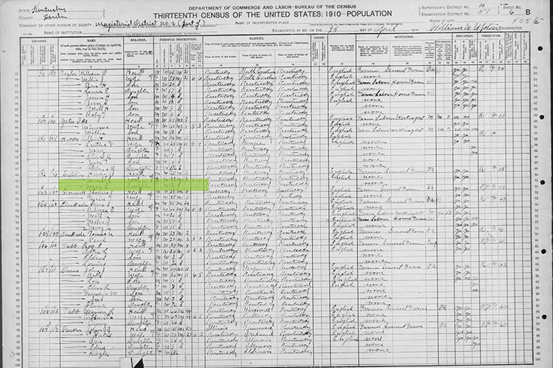 Black and white census sheet dated 1910.