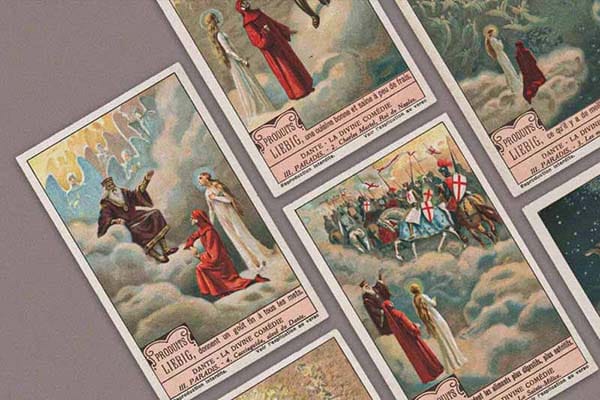 Set of six trading cards with scenes of Dante's Paradiso published by Produits, Liebig, circa 1920.