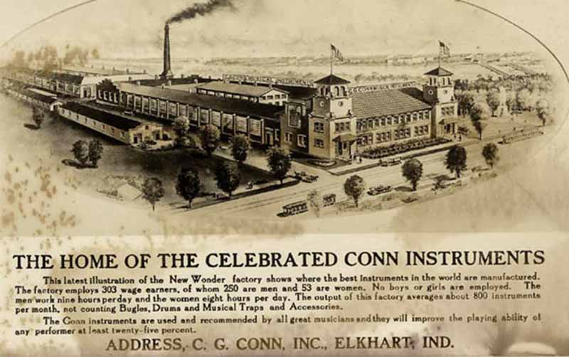An illustration of the ConnSelmer factory, labeled The Home of the Celebrated Conn Instruments.