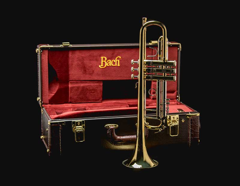On a black background, a trumpet standing up on its bell. Behind it is an opened trumpet case lined with red velvet and Bach embroidered on it.