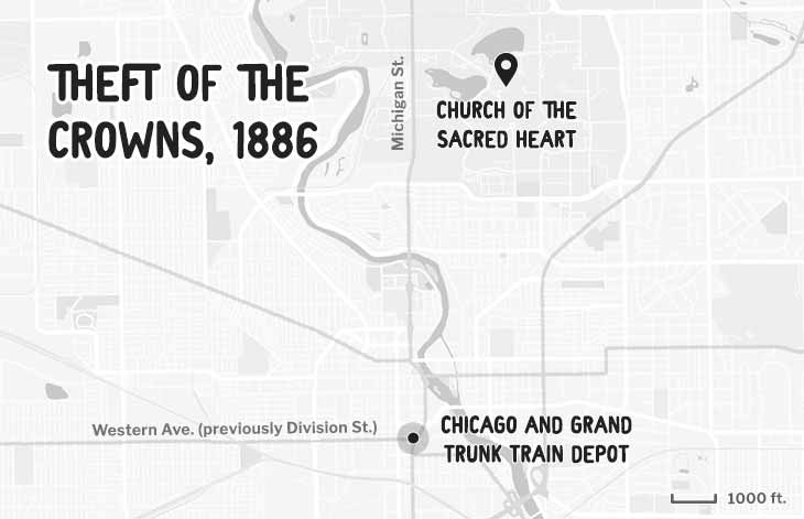 A map pointing with the starting point at the Church of the Sacred Heart on campus to the ending point at the Chicago and Grand Trunk Railroad depot, downtown South Bend. The distance between the two is about 3 miles.