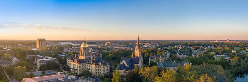 A sunset photo of campus taken from an aerial viewpoint.