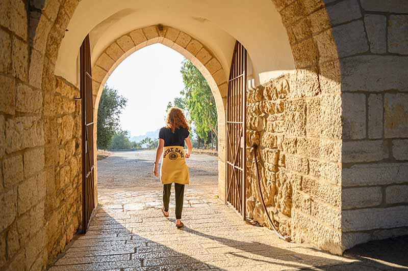 A student, wearing a Notre Dame sweatshirt tied around her waist, walks away from the camera and through an open gate towards a beautiful landscape.