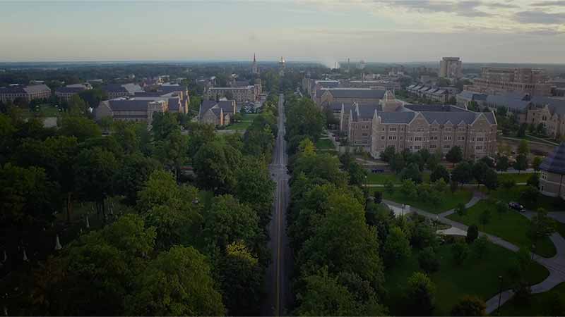 An aerial wide view of Notre Dame Ave. and campus.