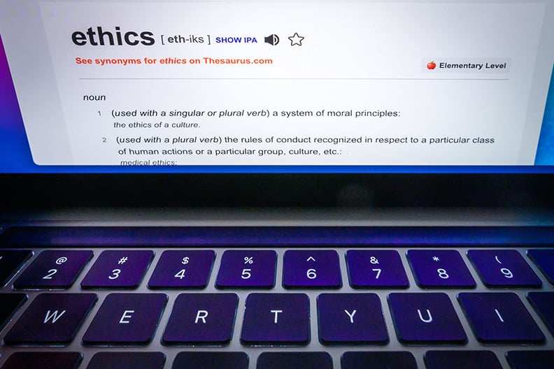 Computer screen with the definition of the word 'ethics' displayed.