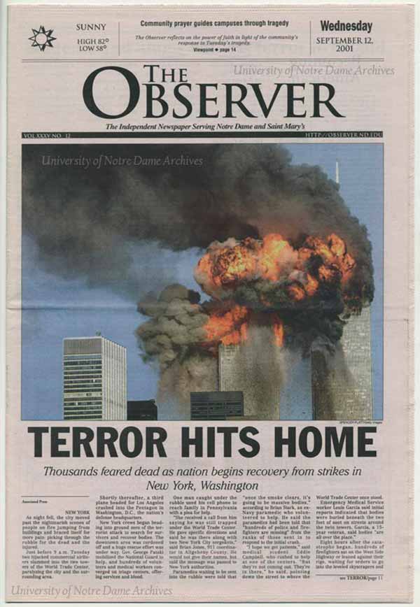 An archive photo of the front page of the Observer with a photo of the World Trade Center on fire. The headline reads Terror Hits Home, Thousands feared dead as nation begins recovery from strikes in New York, Washington.