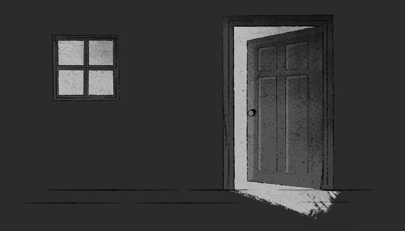 A black and white illustration of a window to the left and a door to the right, cracked open and light shining through.